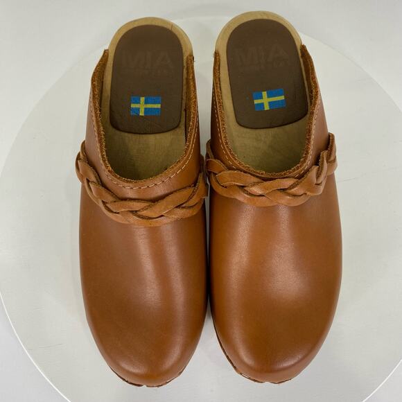 MIA Elsa Luggage Wood Clogs Women's Sz 37/US 7 Tan Italian Leather Swedish Lug - Picture 8 of 13